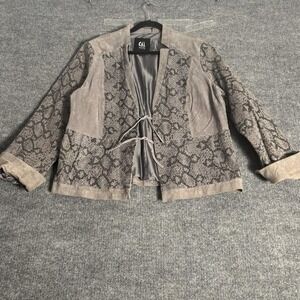 Carlos Falchi‎ Jacket Womens XL Gray Suede Snakeskin Print Patchwork Tie Front